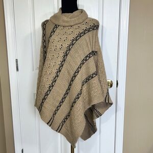 Lineamaglia Italy Cowl Neck Mohair Wool Knit Poncho Cape Sweater O/S Beige Tan